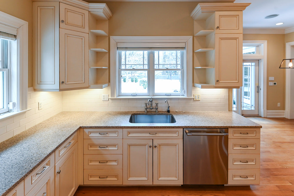 Traditional Cream Kitchen with Island, Granite Countertops & 48" Thermador Range