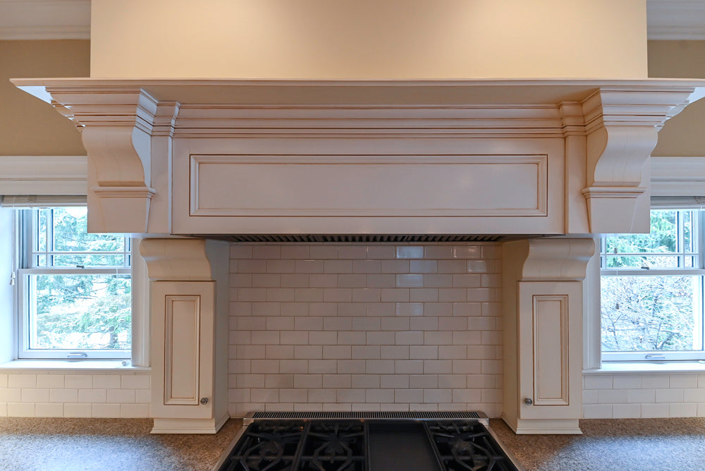 Traditional Cream Kitchen with Island, Granite Countertops & 48" Thermador Range
