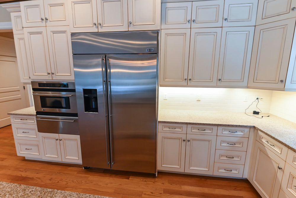 Traditional Cream Kitchen with Island, Granite Countertops & 48" Thermador Range