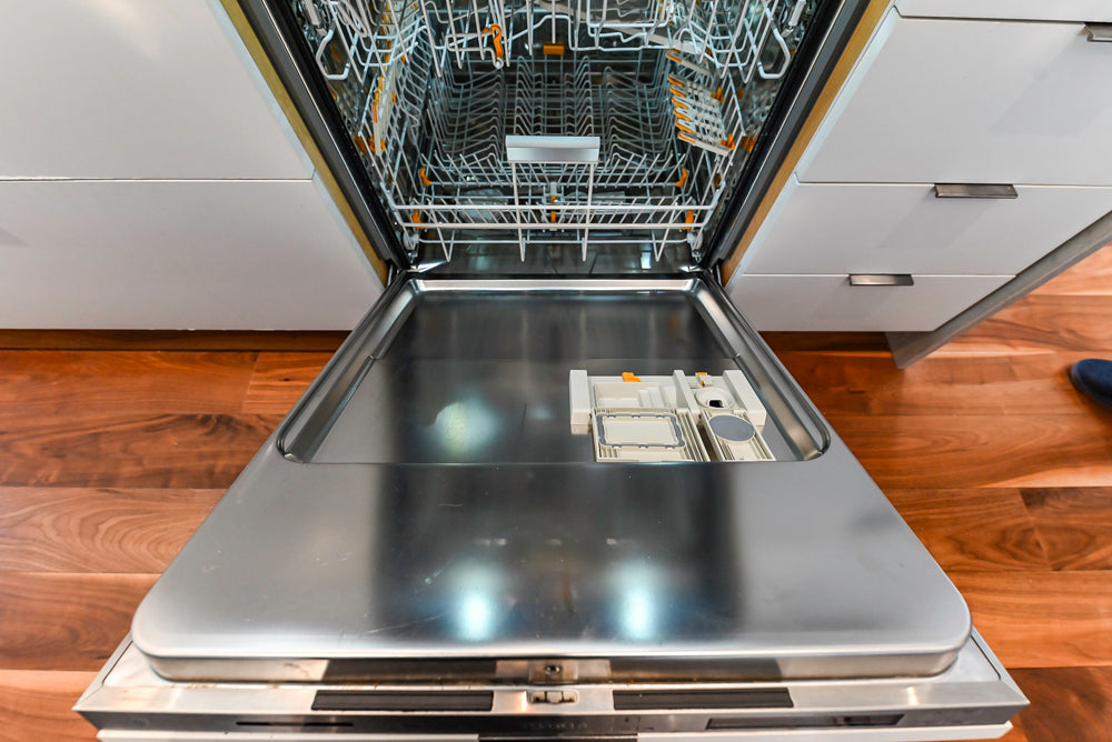 Modern Matte White Kitchen with Waterfall Island, Quartz Countertops & Miele Appliances