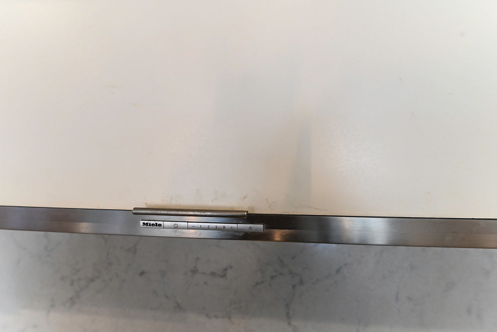 Modern Matte White Kitchen with Waterfall Island, Quartz Countertops & Miele Appliances