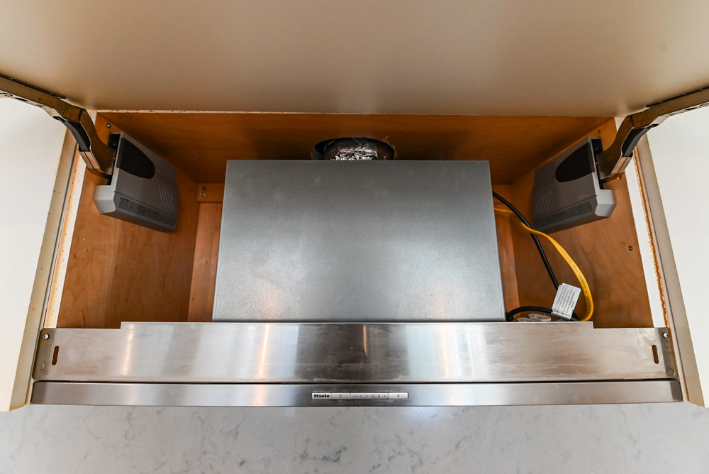 Modern Matte White Kitchen with Waterfall Island, Quartz Countertops & Miele Appliances