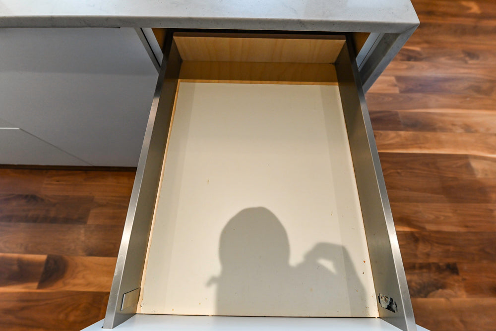 Modern Matte White Kitchen with Waterfall Island, Quartz Countertops & Miele Appliances