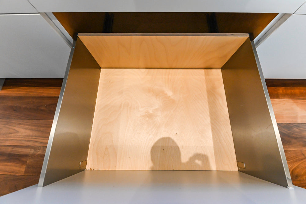 Modern Matte White Kitchen with Waterfall Island, Quartz Countertops & Miele Appliances