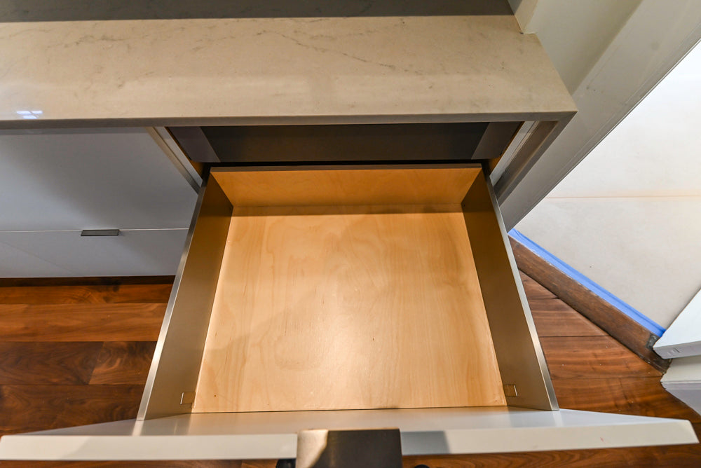 Modern Matte White Kitchen with Waterfall Island, Quartz Countertops & Miele Appliances