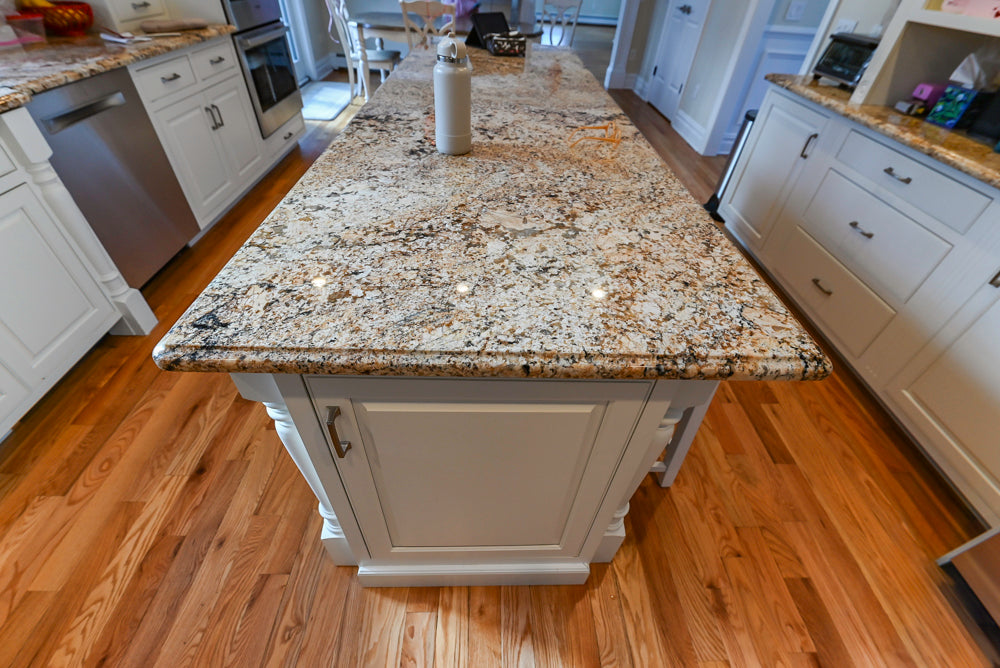 Traditional Light Cream Kitchen with Island, Granite Countertops and Appliances