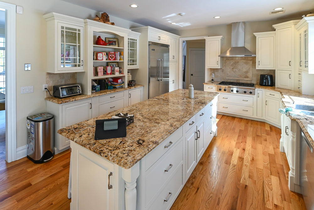 Traditional Light Cream Kitchen with Island, Granite Countertops and Appliances