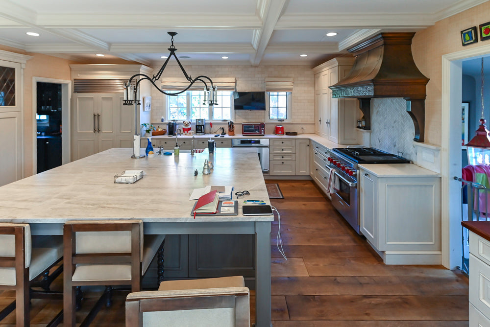 Wood-Mode Traditional Light Cream Kitchen with Marble Countertops and Wolf Range