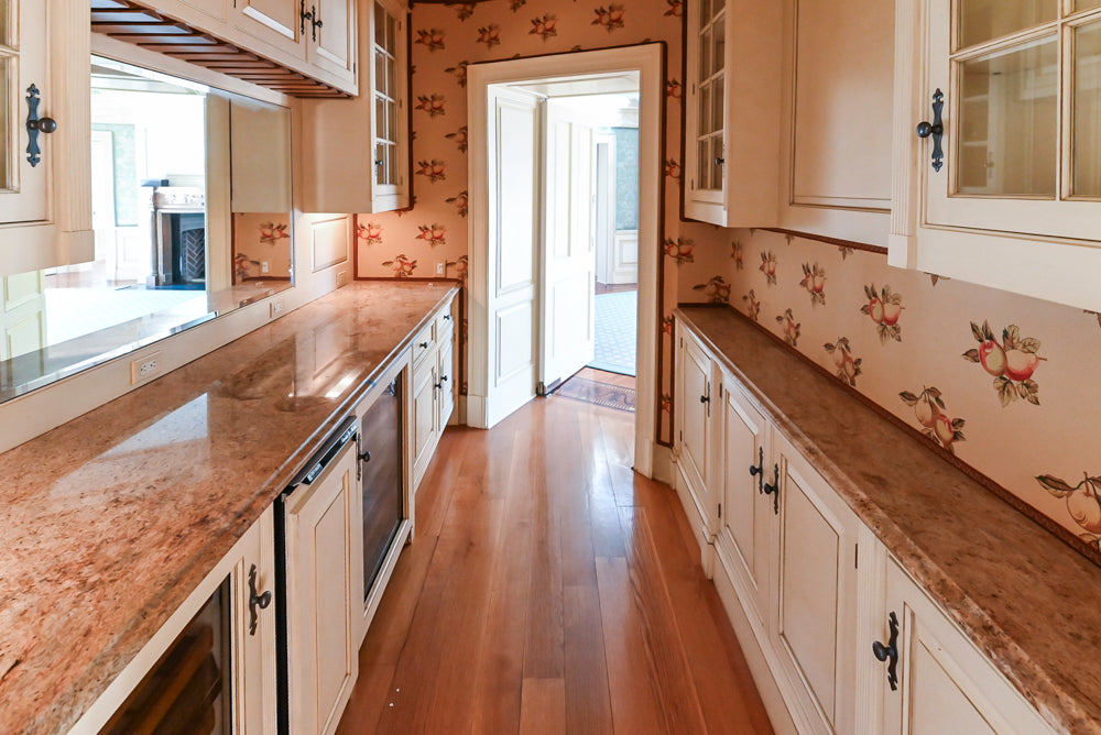 Christopher Peacock Traditional Cream Butler's Pantry with Granite Countertops & Sub-Zero Wine Coolers