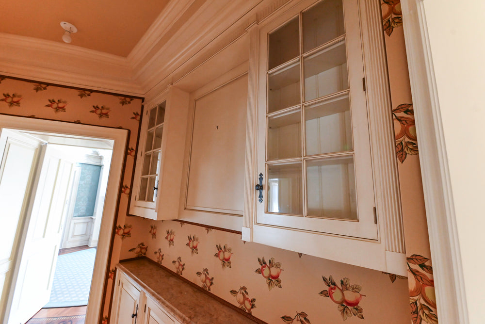 Christopher Peacock Traditional Cream Butler's Pantry with Granite Countertops & Sub-Zero Wine Coolers