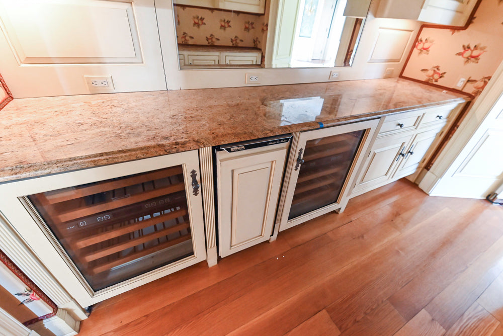 Christopher Peacock Traditional Cream Butler's Pantry with Granite Countertops & Sub-Zero Wine Coolers