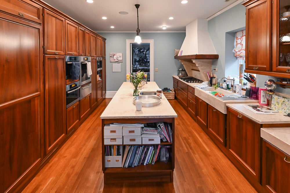 Transitional Wooden Kitchen with Island, Stone Countertops and Miele Appliances