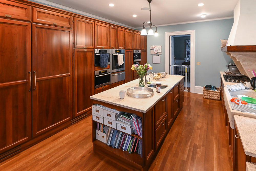 Transitional Wooden Kitchen with Island, Stone Countertops and Miele Appliances