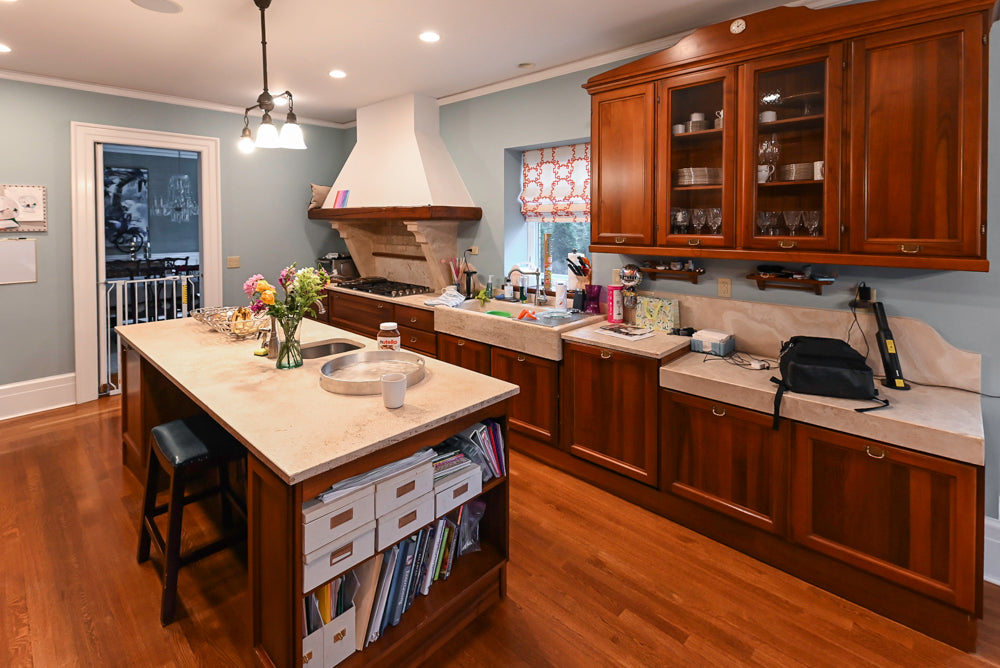 Transitional Wooden Kitchen with Island, Stone Countertops and Miele Appliances