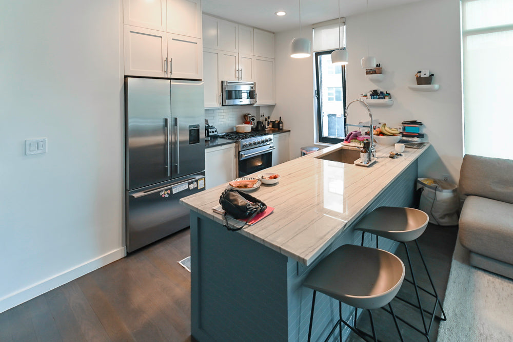Imperia White Transitional Kitchen with Dark Grey Island, Marble & Stone Counters and Appliances
