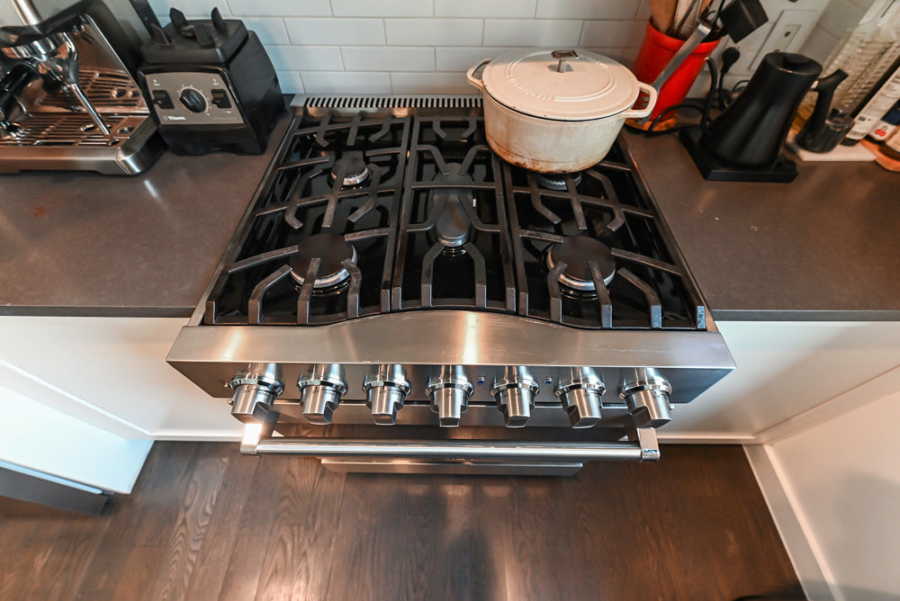 Imperia White Transitional Kitchen with Dark Grey Island, Marble & Stone Counters and Appliances
