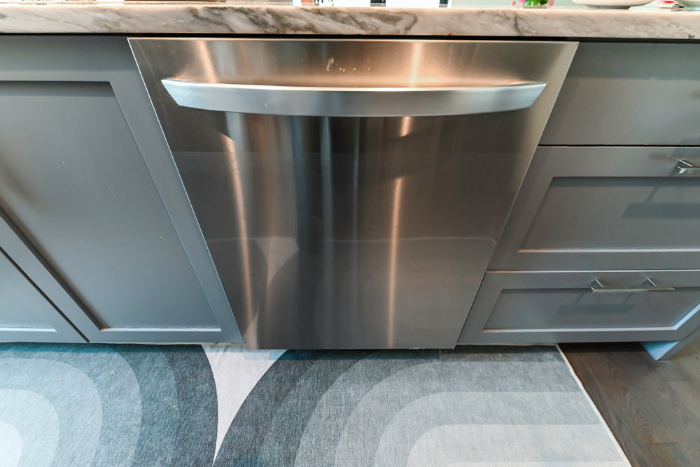 Imperia White Transitional Kitchen with Dark Grey Island, Marble & Stone Counters and Appliances