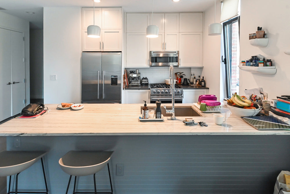 Imperia White Transitional Kitchen with Dark Grey Island, Marble & Stone Counters and Appliances