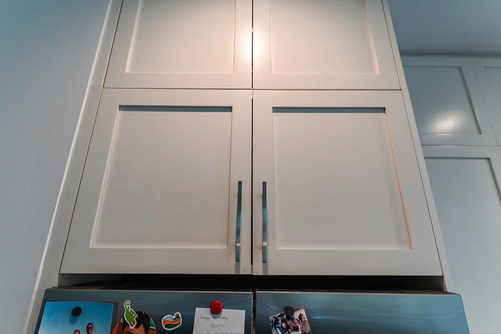 Imperia White Transitional Kitchen with Dark Grey Island, Marble & Stone Counters and Appliances