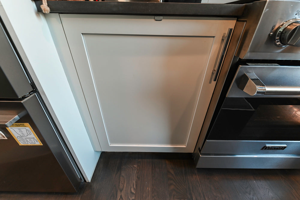 Imperia White Transitional Kitchen with Dark Grey Island, Marble & Stone Counters and Appliances