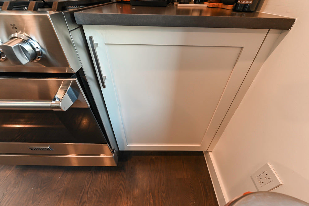 Imperia White Transitional Kitchen with Dark Grey Island, Marble & Stone Counters and Appliances