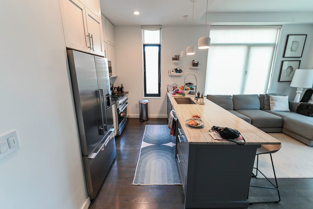 Imperia White Transitional Kitchen with Dark Grey Island, Marble & Stone Counters and Appliances