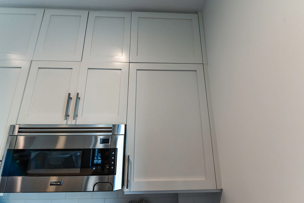 Imperia White Transitional Kitchen with Dark Grey Island, Marble & Stone Counters and Appliances