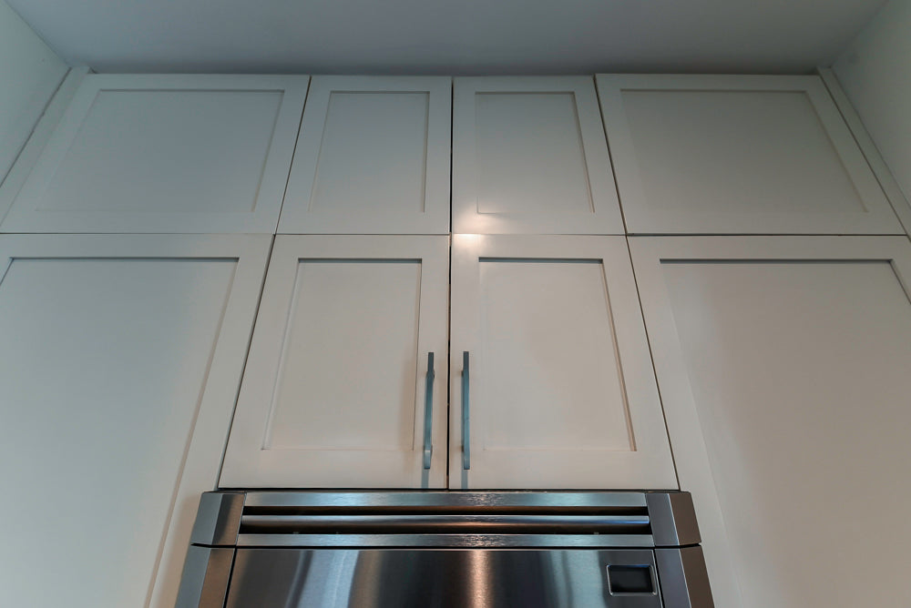 Imperia White Transitional Kitchen with Dark Grey Island, Marble & Stone Counters and Appliances