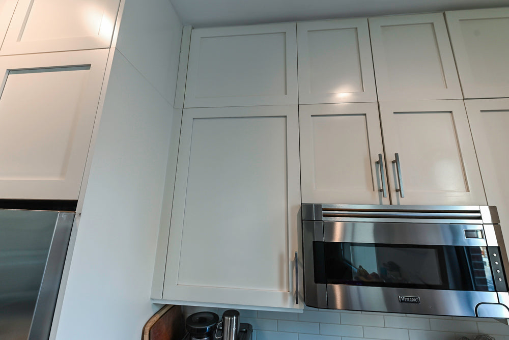 Imperia White Transitional Kitchen with Dark Grey Island, Marble & Stone Counters and Appliances