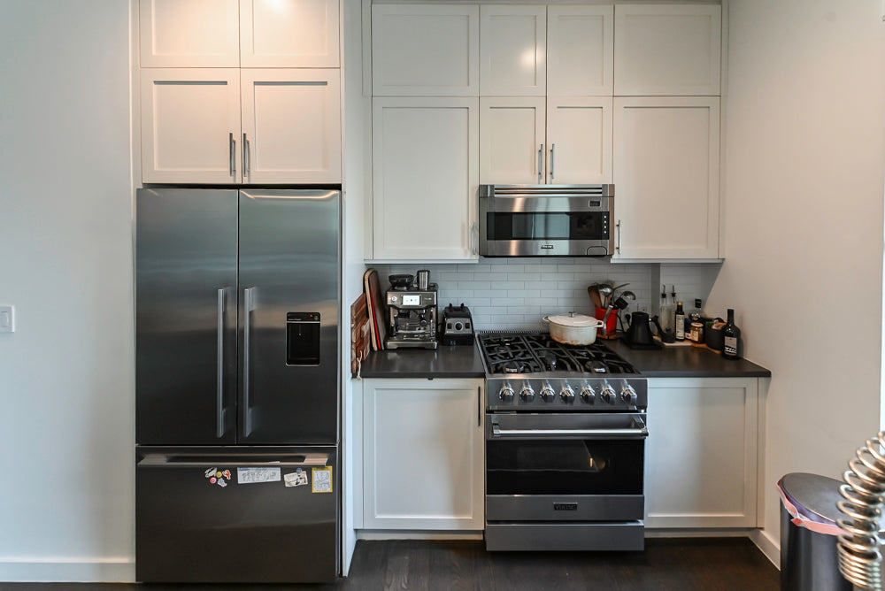 Imperia White Transitional Kitchen with Dark Grey Island, Marble & Stone Counters and Appliances