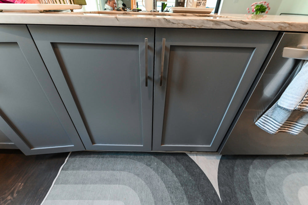 Imperia White Transitional Kitchen with Dark Grey Island, Marble & Stone Counters and Appliances