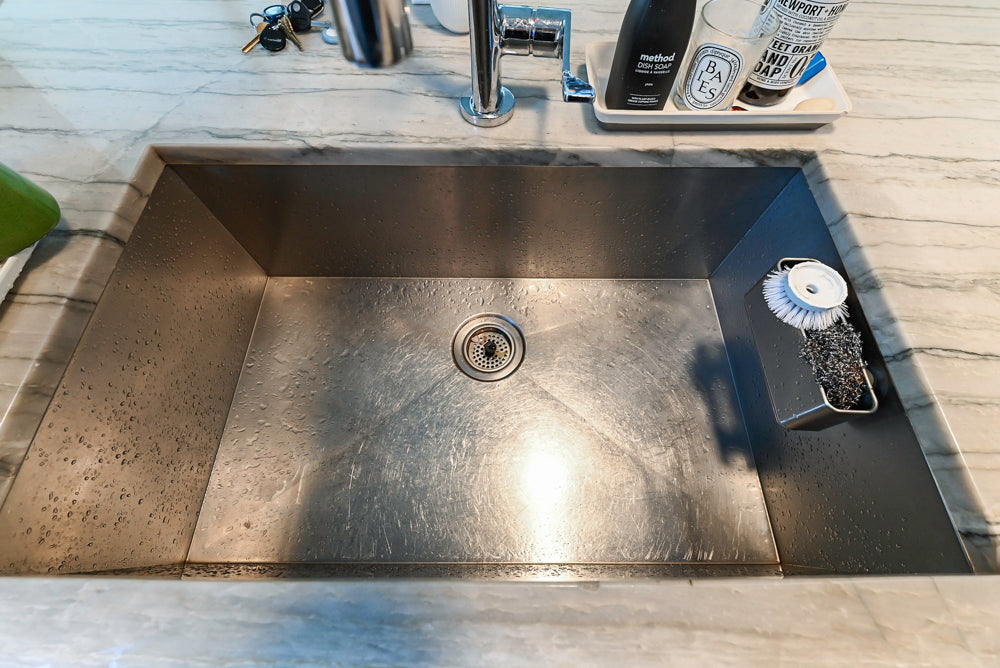 Imperia White Transitional Kitchen with Dark Grey Island, Marble & Stone Counters and Appliances