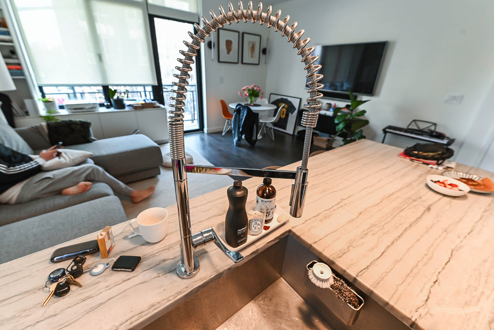 Imperia White Transitional Kitchen with Dark Grey Island, Marble & Stone Counters and Appliances