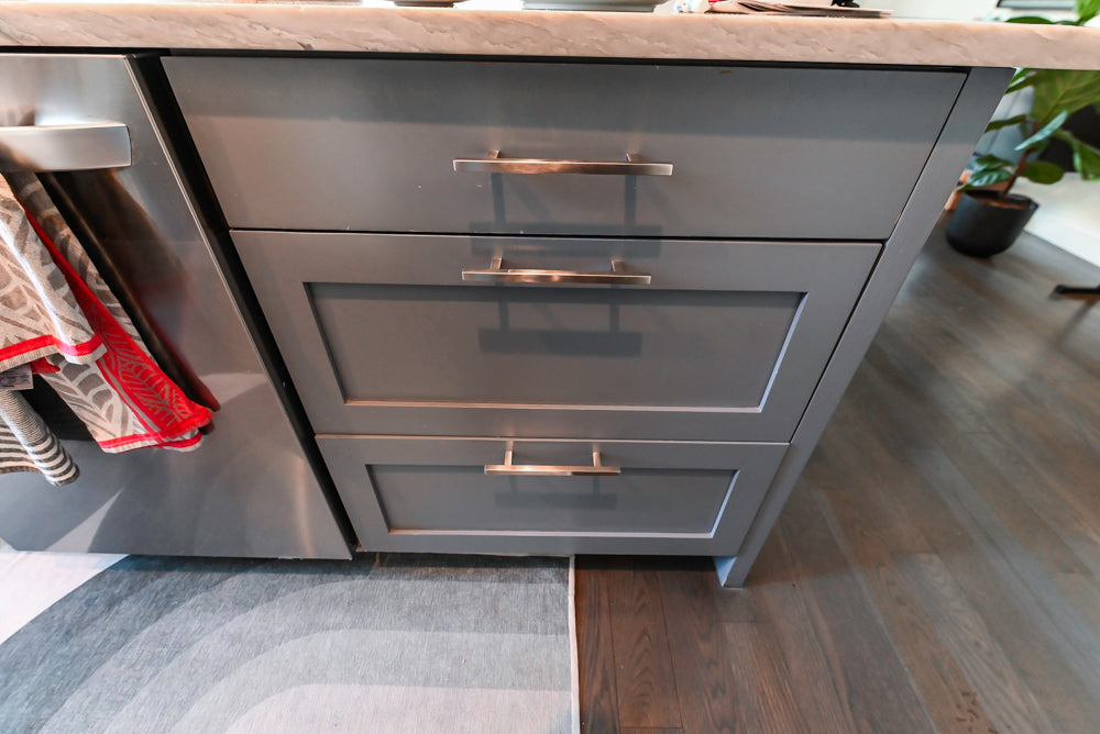 Imperia White Transitional Kitchen with Dark Grey Island, Marble & Stone Counters and Appliances