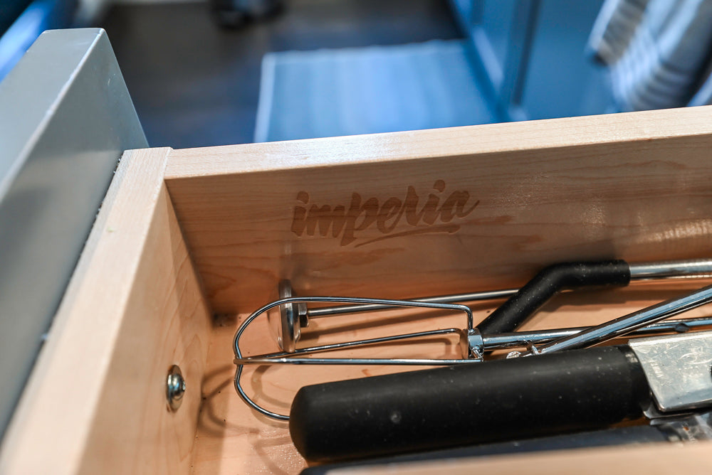 Imperia White Transitional Kitchen with Dark Grey Island, Marble & Stone Counters and Appliances