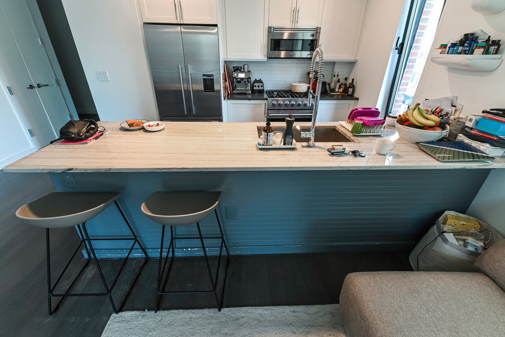 Imperia White Transitional Kitchen with Dark Grey Island, Marble & Stone Counters and Appliances