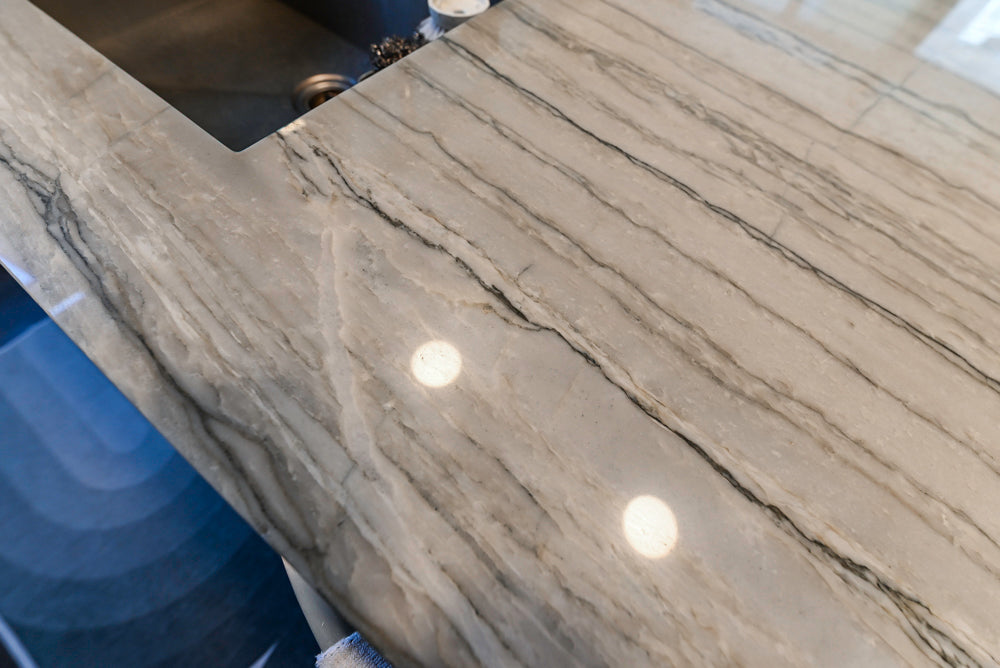 Imperia White Transitional Kitchen with Dark Grey Island, Marble & Stone Counters and Appliances