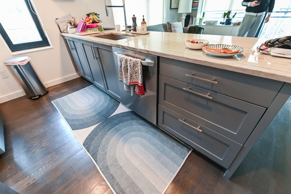 Imperia White Transitional Kitchen with Dark Grey Island, Marble & Stone Counters and Appliances