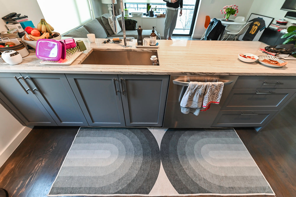 Imperia White Transitional Kitchen with Dark Grey Island, Marble & Stone Counters and Appliances