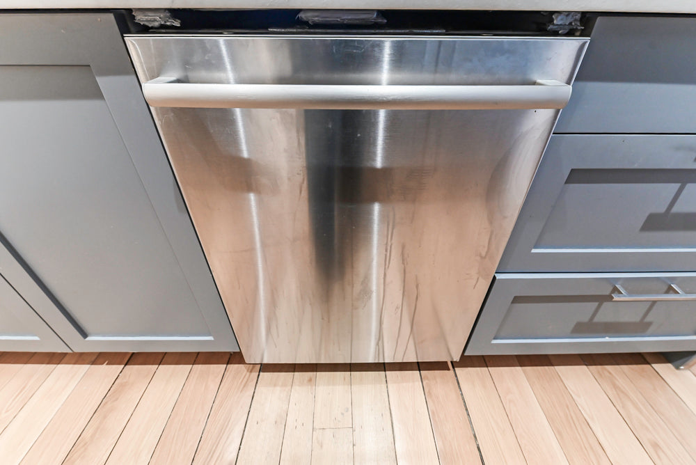 Imperia White Transitional Kitchen with Dark Grey Island, Marble & Stone Counters and Appliances