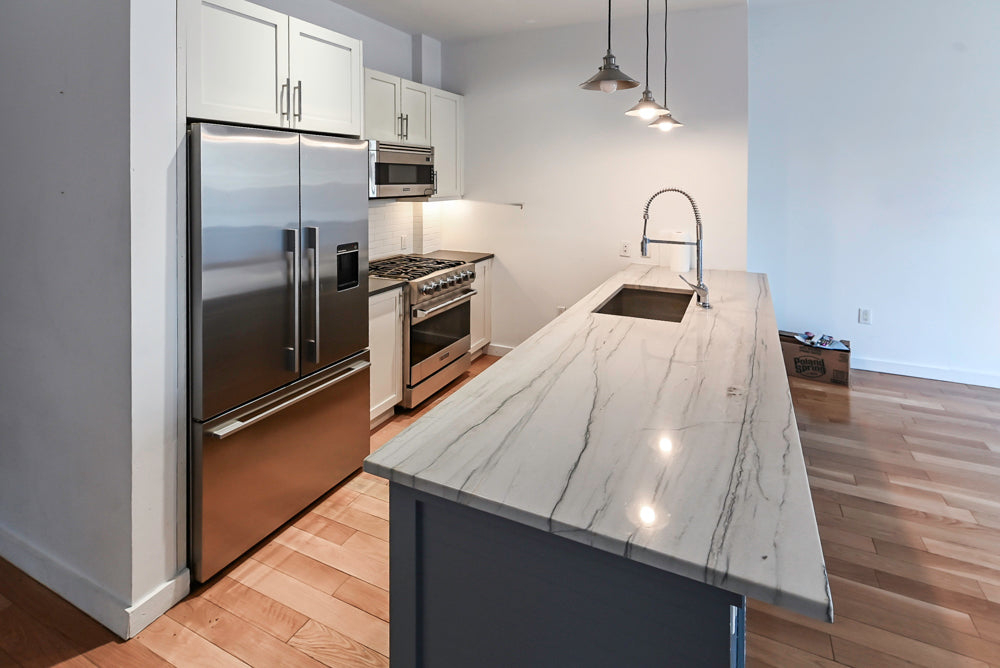 Imperia White Transitional Kitchen with Dark Grey Island, Marble & Stone Counters and Appliances