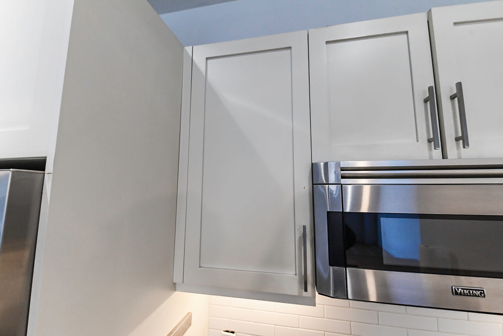 Imperia White Transitional Kitchen with Dark Grey Island, Marble & Stone Counters and Appliances