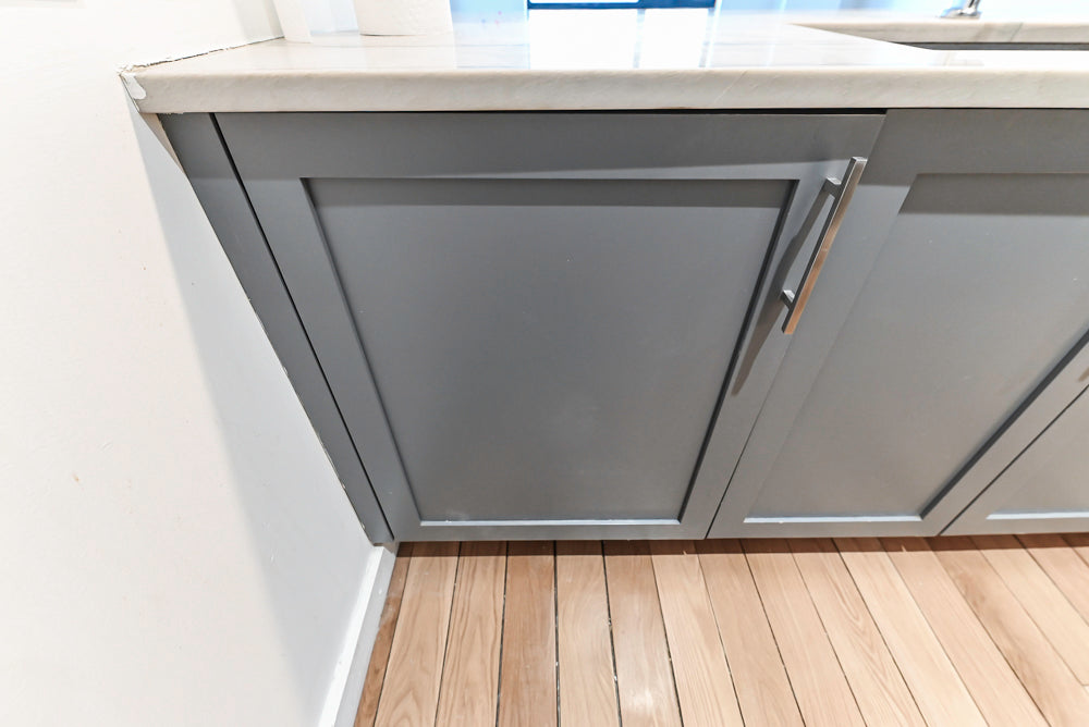 Imperia White Transitional Kitchen with Dark Grey Island, Marble & Stone Counters and Appliances