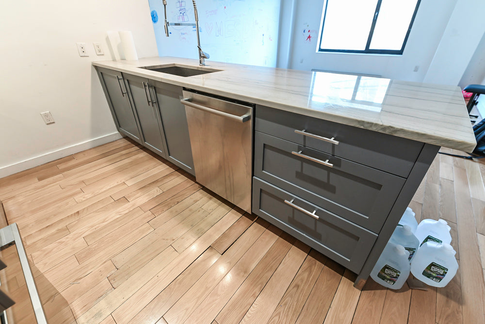 Imperia White Transitional Kitchen with Dark Grey Island, Marble & Stone Counters and Appliances
