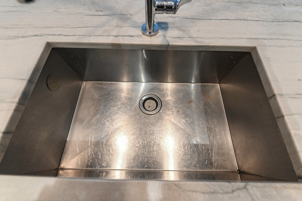 Imperia White Transitional Kitchen with Dark Grey Island, Marble & Stone Counters and Appliances