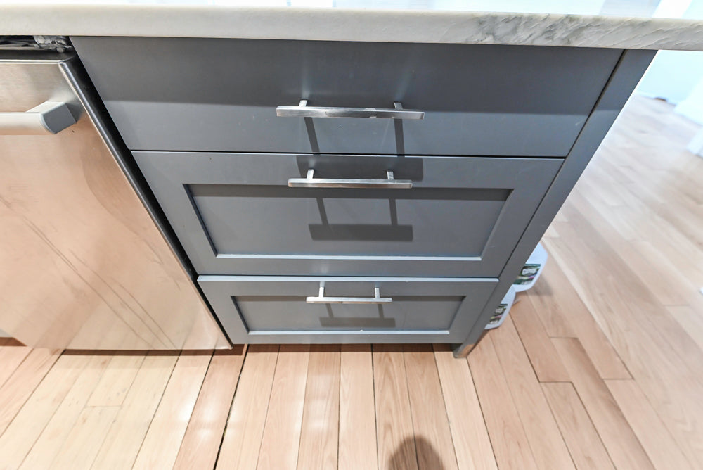 Imperia White Transitional Kitchen with Dark Grey Island, Marble & Stone Counters and Appliances