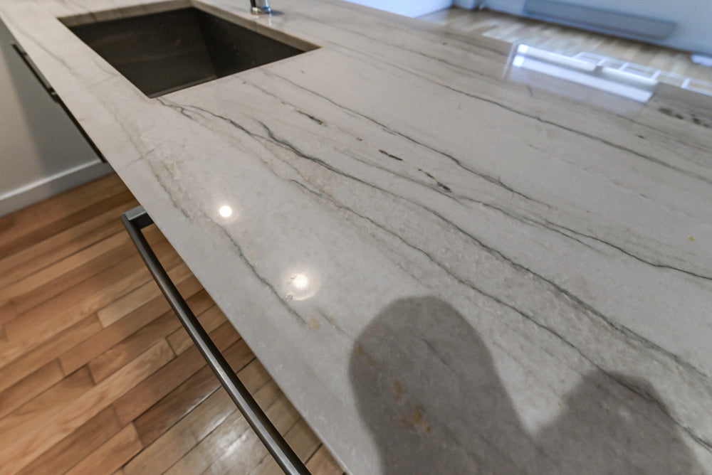 Imperia White Transitional Kitchen with Dark Grey Island, Marble & Stone Counters and Appliances