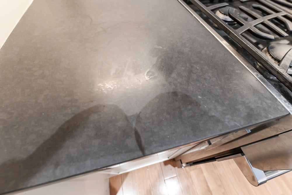 Imperia White Transitional Kitchen with Dark Grey Island, Marble & Stone Counters and Appliances