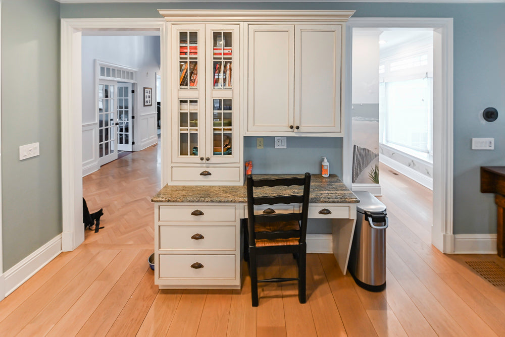 Omega Traditional Light Cream Kitchen with Island, Desk Area and Sub-Zero & Wolf Range