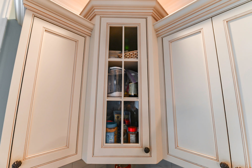 Omega Traditional Light Cream Kitchen with Island, Desk Area and Sub-Zero & Wolf Range